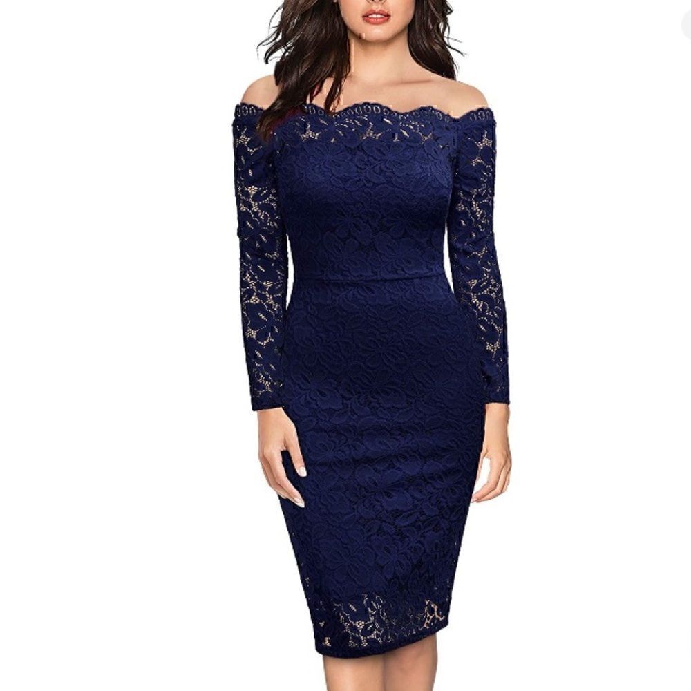 New! Long Sleeve Navy Lace off Shoulder Dress Medium